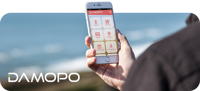 Hand hält Smartphone, Bildschirm Damopo Software