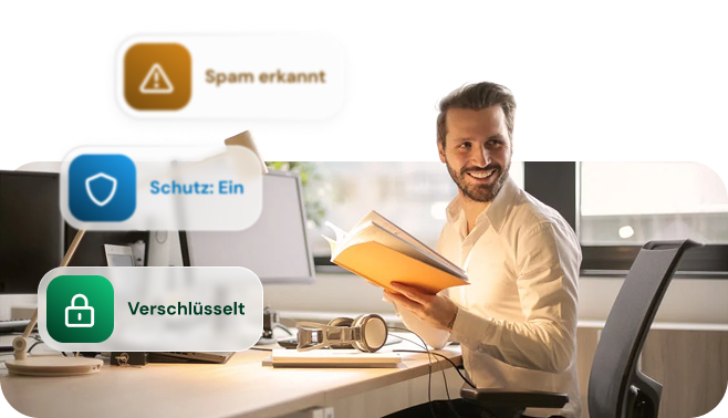 Rechts Mann mit Anleitungsbuch, links drei Warnmeldungen