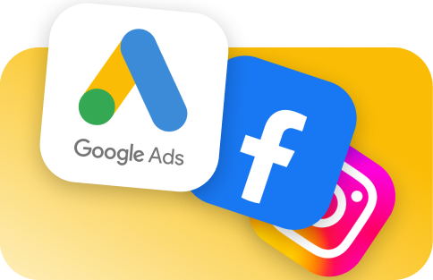 Gelbes Rechteck mit Icons von Google Ads, Facebook und Instagram